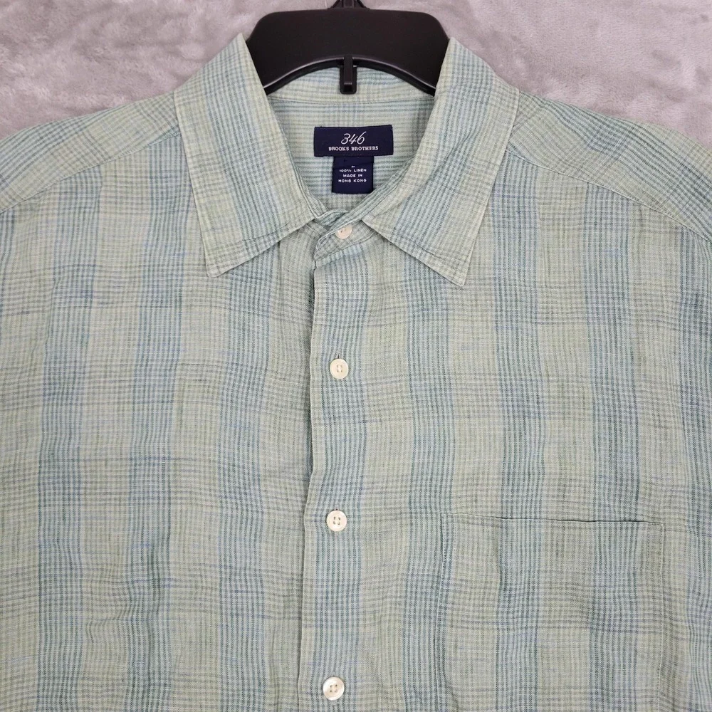 Brooks Brothers 346 Men's L Green Plaid 100% Linen Short Sleeve Button-Up Shirt